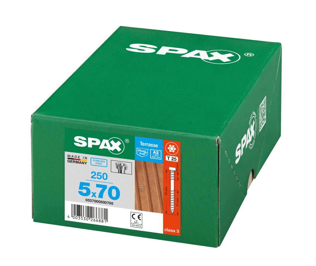 SPAX Tornillo para terraza, Rosca de fijación, Cabeza cilíndrica, T-STAR plus, Punta CUT, Acero inoxidable A2, 5 x 70 mm, 250 uds