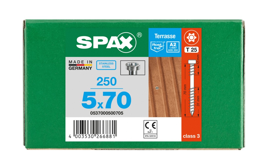 SPAX Tornillo para terraza, Rosca de fijación, Cabeza cilíndrica, T-STAR plus, Punta CUT, Acero inoxidable A2, 5 x 70 mm, 250 uds