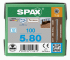 SPAX Tornillo para terraza, 5 x 80 mm, 100 unidades, Rosca de fijación, Cabeza cilíndrica, T-STAR plus T25, Punta CUT, Acero inoxidable A2