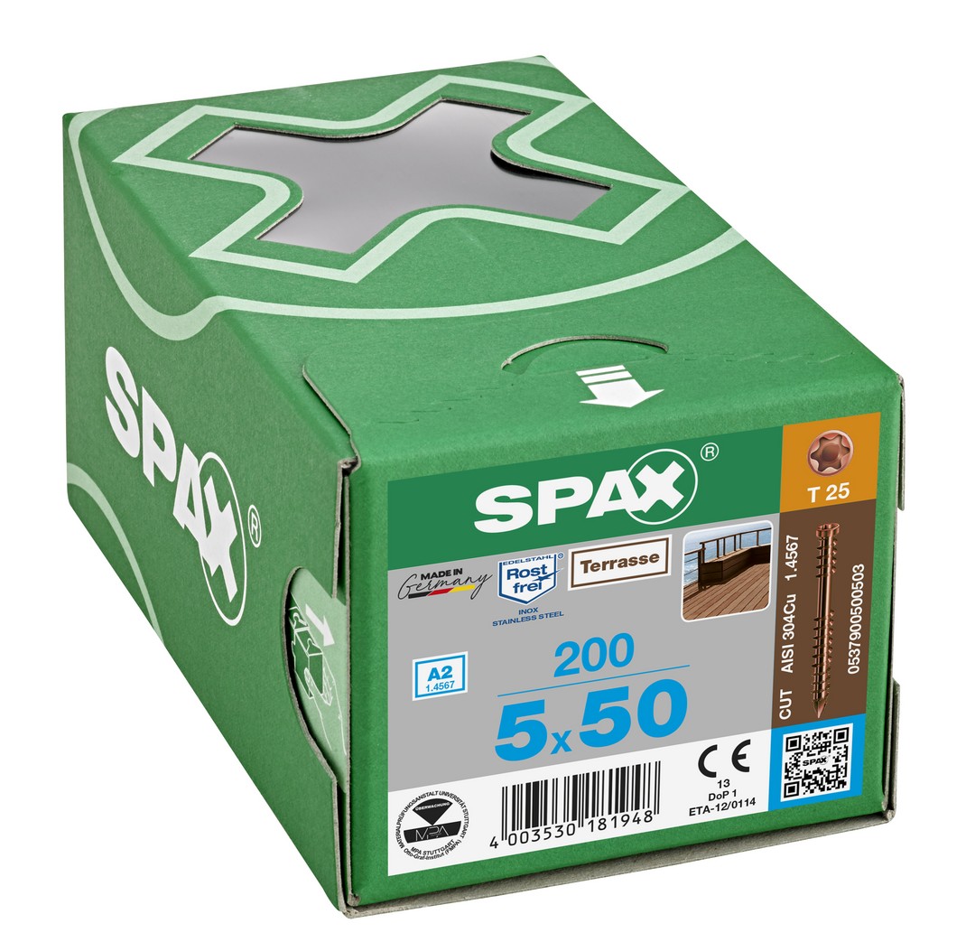 SPAX Tornillo para terraza, 5 x 50 mm, 200 unidades, Rosca de fijación, Cabeza cilíndrica, T-STAR plus T25, Punta CUT, Acero inoxidable A2 acabado bronce