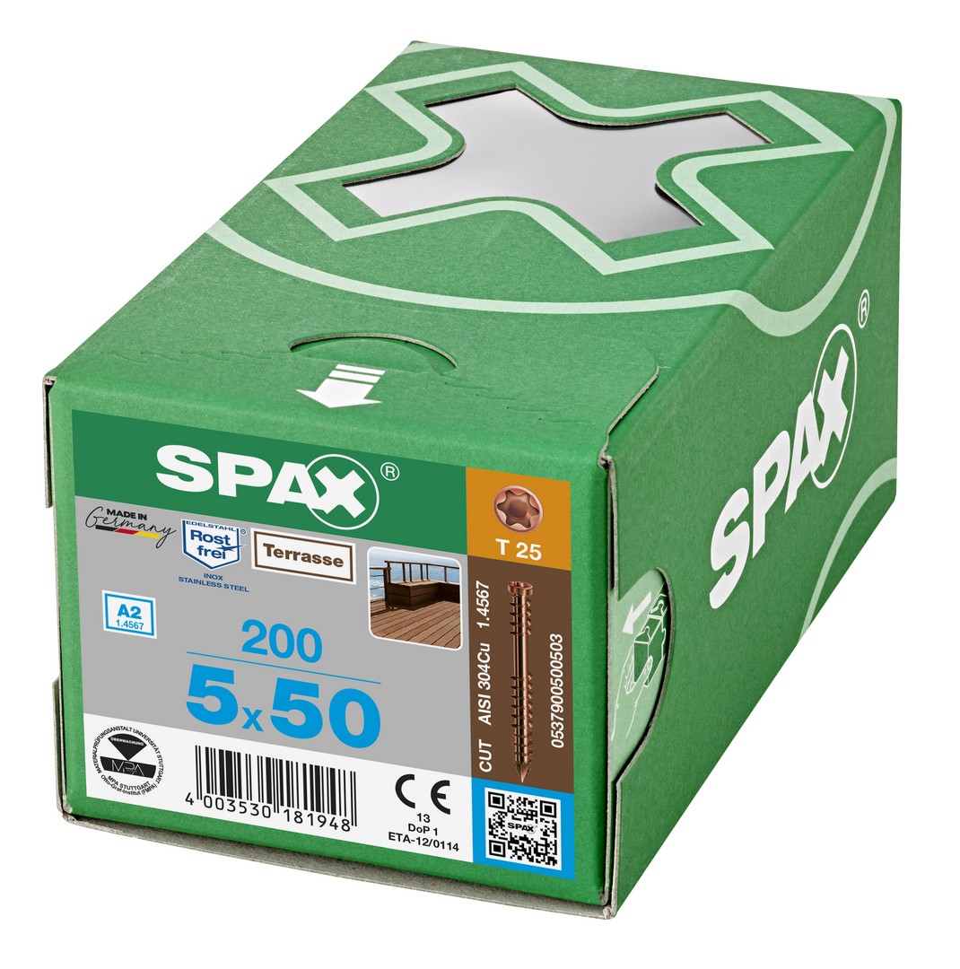 SPAX Tornillo para terraza, 5 x 50 mm, 200 unidades, Rosca de fijación, Cabeza cilíndrica, T-STAR plus T25, Punta CUT, Acero inoxidable A2 acabado bronce
