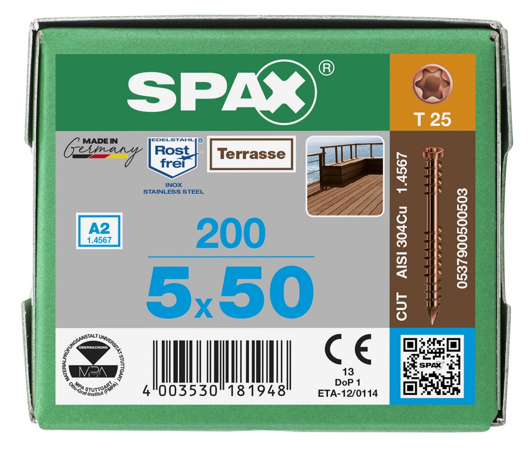 SPAX Tornillo para terraza, 5 x 50 mm, 200 unidades, Rosca de fijación, Cabeza cilíndrica, T-STAR plus T25, Punta CUT, Acero inoxidable A2 acabado bronce