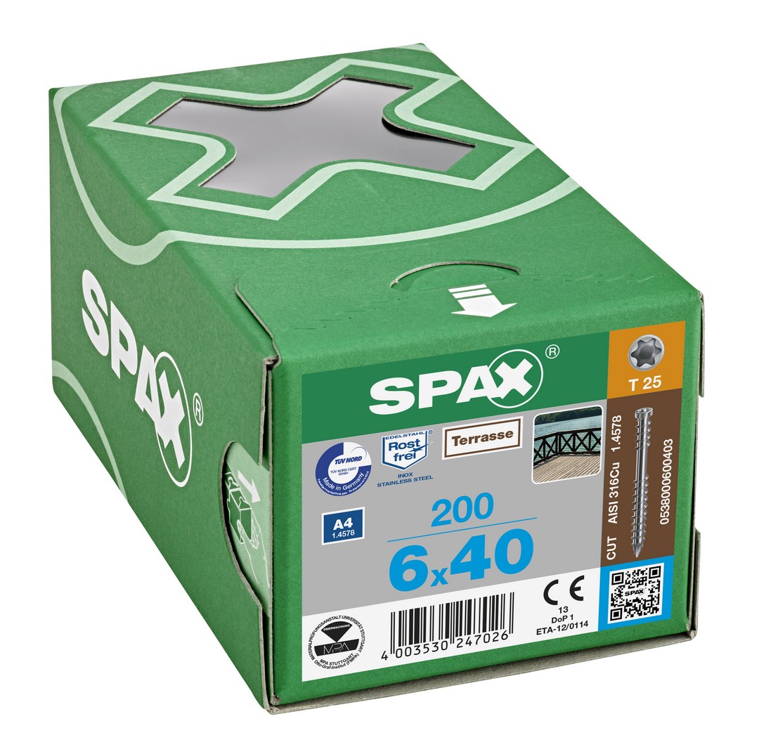 SPAX Tornillo para terraza, 6x40 mm, 200 ud., Rosca de fijación, Cabeza cilíndrica, T-STAR plus T25, Punta CUT, Acero inoxidable A4