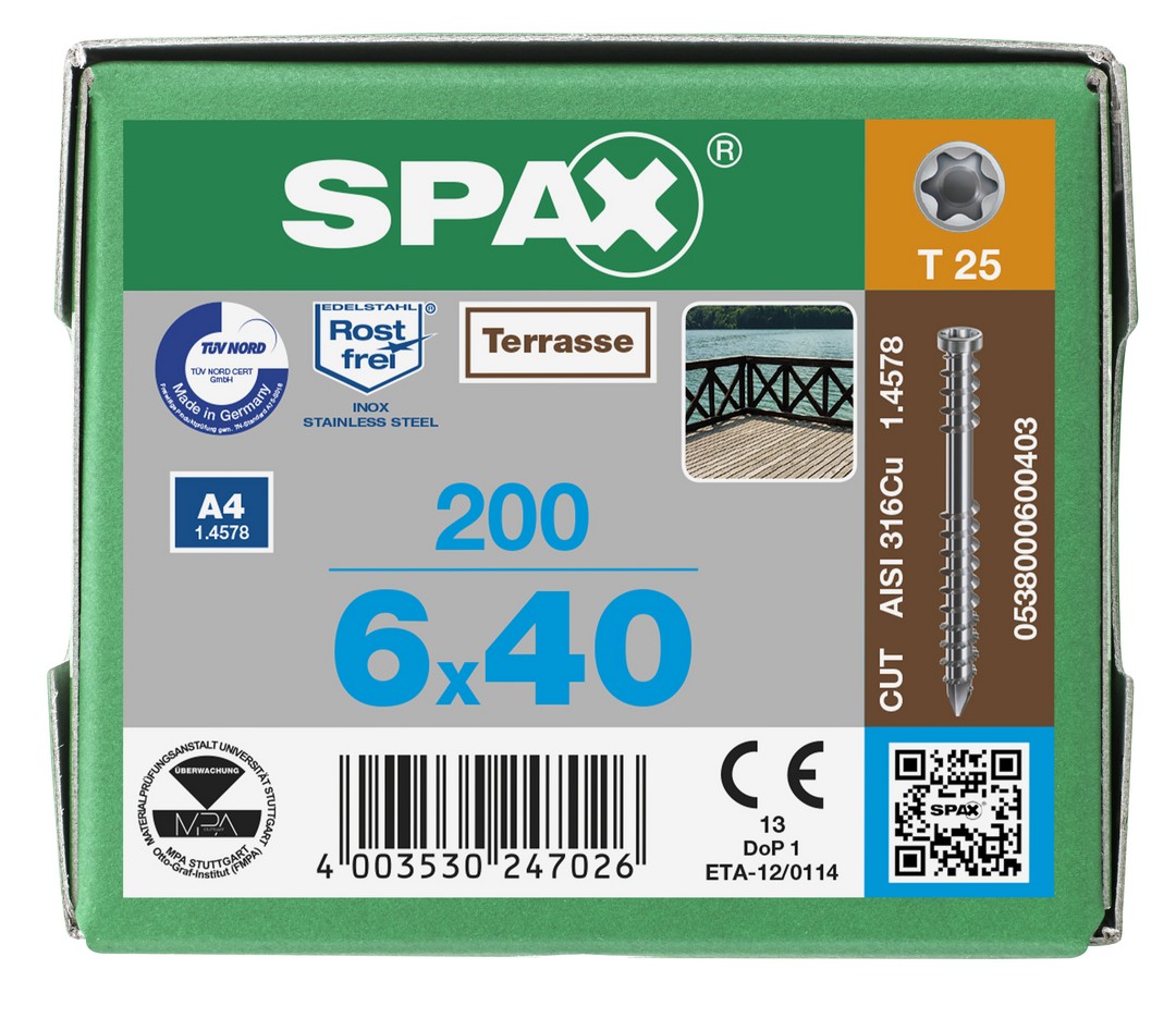 SPAX Tornillo para terraza, 6x40 mm, 200 ud., Rosca de fijación, Cabeza cilíndrica, T-STAR plus T25, Punta CUT, Acero inoxidable A4