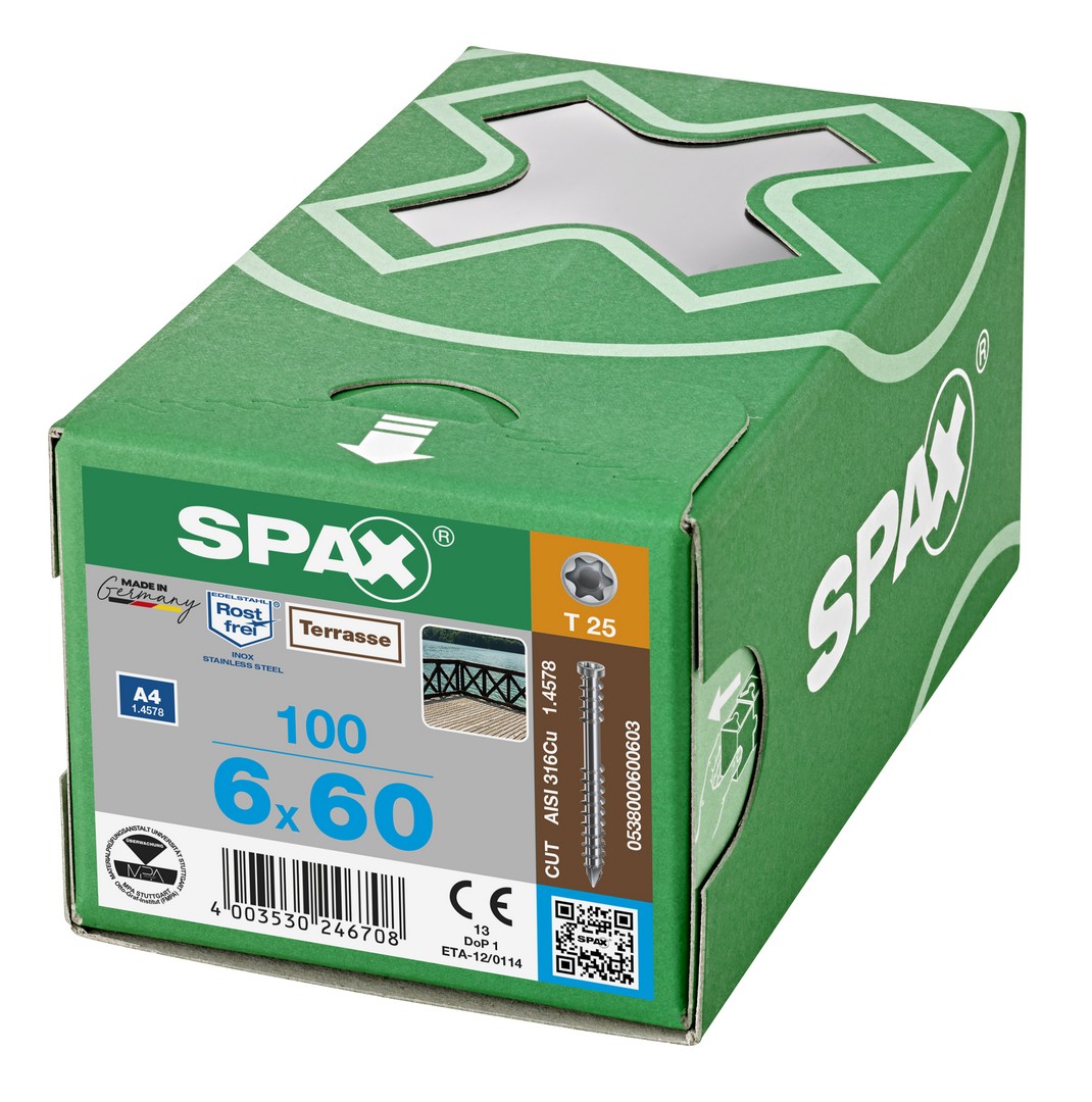 SPAX Tornillo para terraza, 6x60 mm, 100 ud., Rosca de fijación, Cabeza cilíndrica, T-STAR plus T25, Punta CUT, Acero inoxidable A4