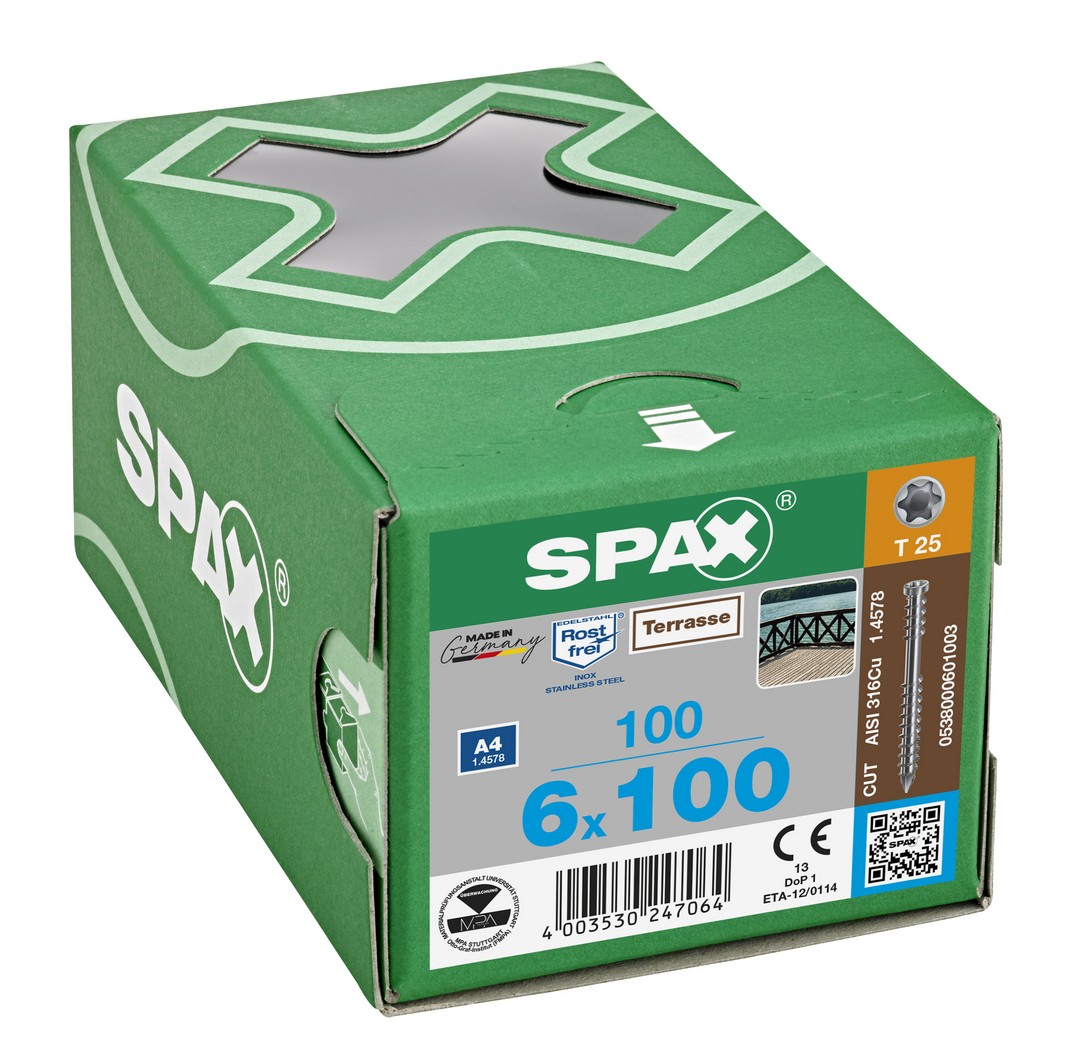 SPAX Tornillo para terraza, 6x100 mm, 100 ud., Rosca de fijación, Cabeza cilíndrica, T-STAR plus T25, Punta CUT, Acero inoxidable A4