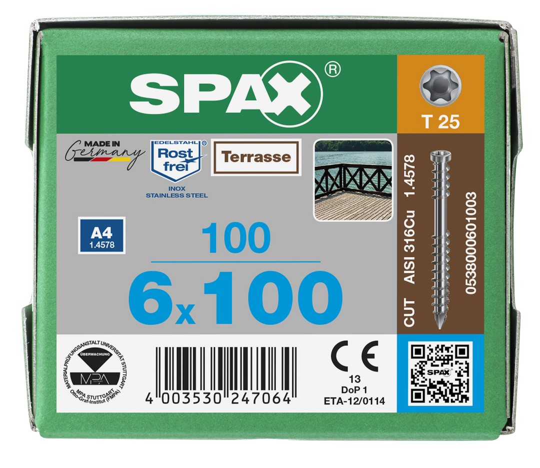 SPAX Tornillo para terraza, 6x100 mm, 100 ud., Rosca de fijación, Cabeza cilíndrica, T-STAR plus T25, Punta CUT, Acero inoxidable A4