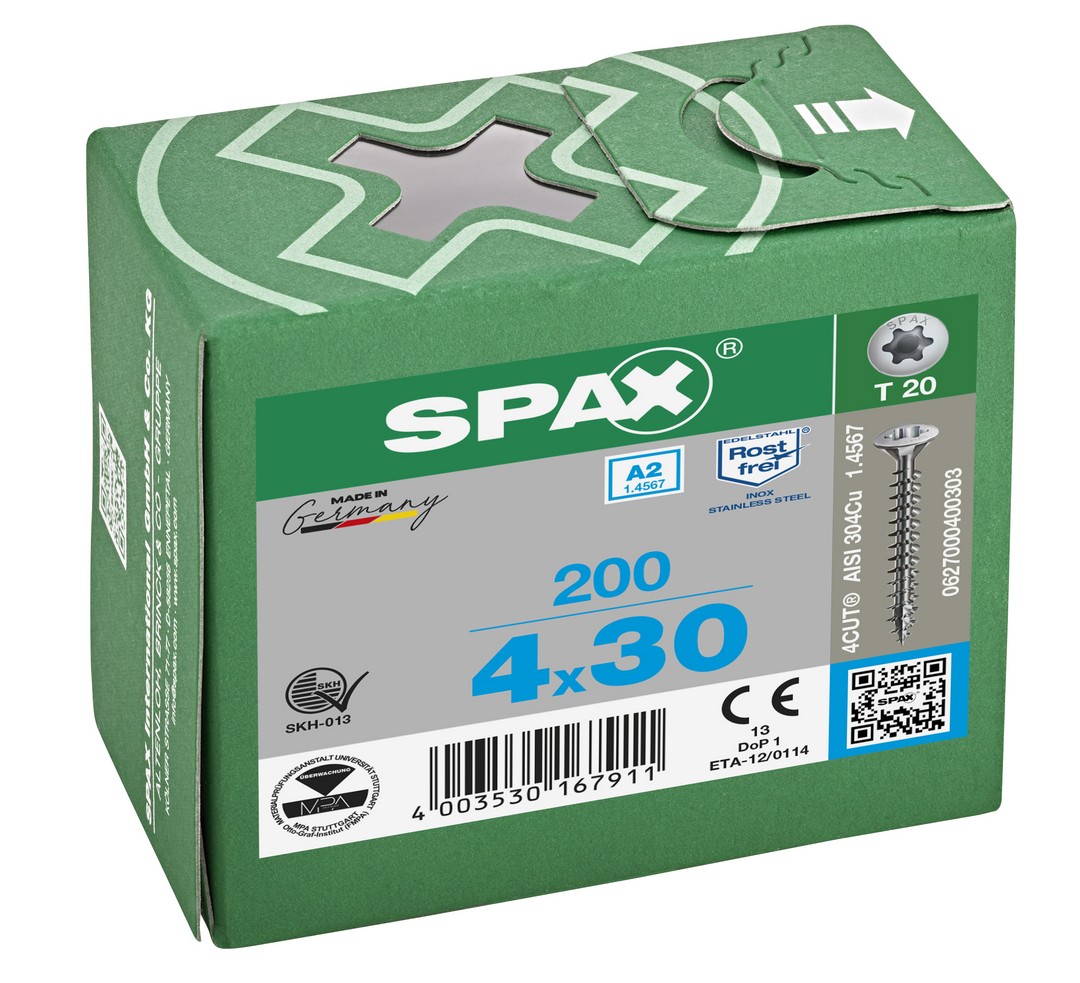 SPAX Tornillo de acero inoxidable, 4 x 30 mm, 200 unidades, Rosca completa, Cabeza gota de sebo, T-STAR plus T20, 4CUT, Acero inoxidable A2