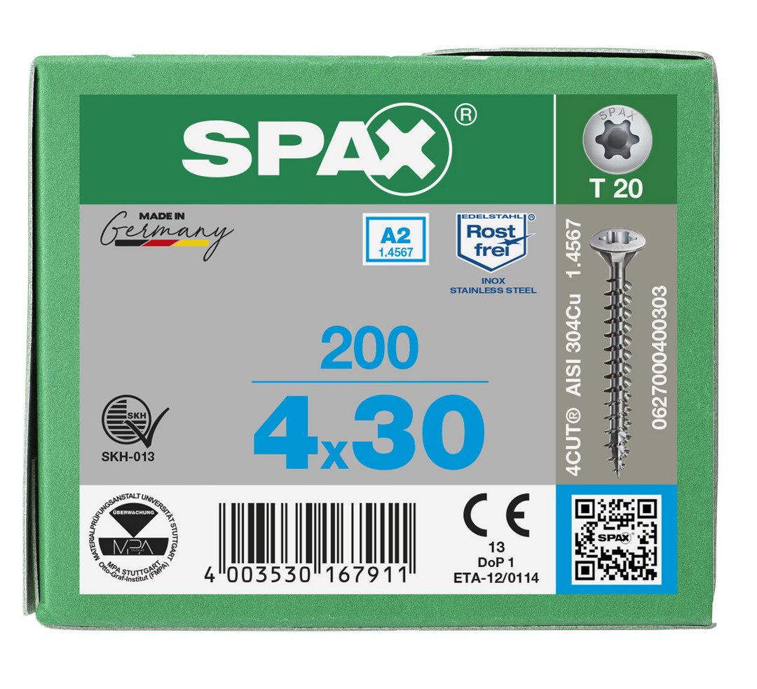 SPAX Tornillo de acero inoxidable, 4 x 30 mm, 200 unidades, Rosca completa, Cabeza gota de sebo, T-STAR plus T20, 4CUT, Acero inoxidable A2