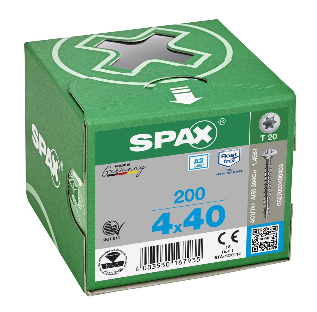 SPAX Tornillo de acero inoxidable, 4 x 40 mm, 200 unidades, Rosca completa, Cabeza gota de sebo, T-STAR plus T20, 4CUT, Acero inoxidable A2