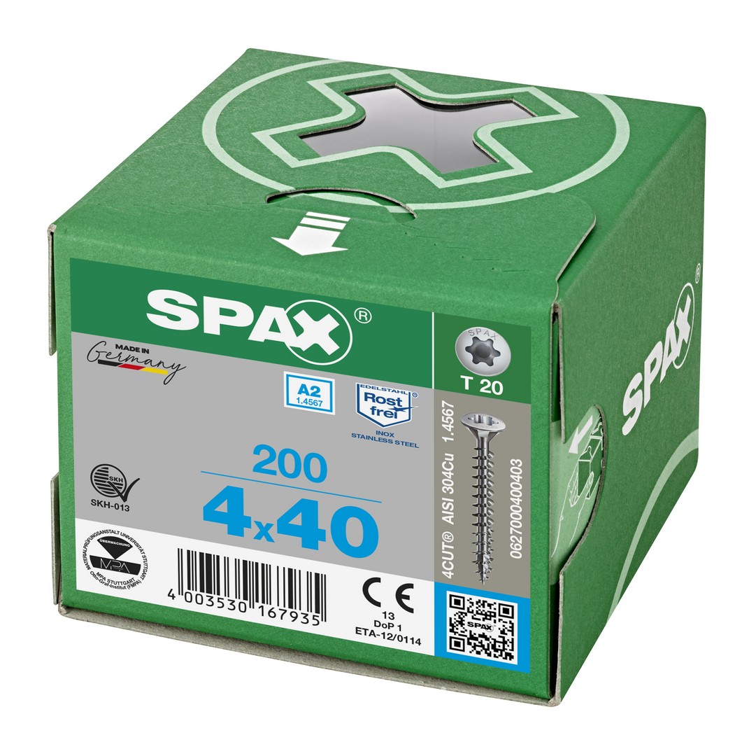 SPAX Tornillo de acero inoxidable, 4 x 40 mm, 200 unidades, Rosca completa, Cabeza gota de sebo, T-STAR plus T20, 4CUT, Acero inoxidable A2