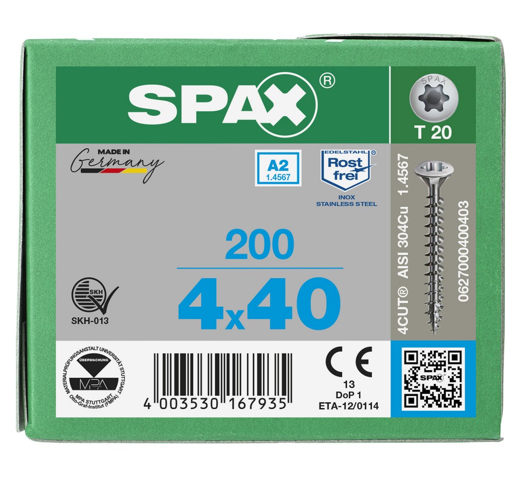 SPAX Tornillo de acero inoxidable, 4 x 40 mm, 200 unidades, Rosca completa, Cabeza gota de sebo, T-STAR plus T20, 4CUT, Acero inoxidable A2