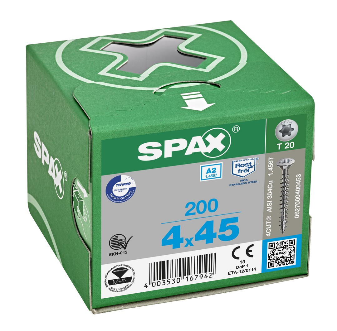 SPAX Tornillo de acero inoxidable, 4 x 45 mm, 200 unidades, Rosca completa, Cabeza gota de sebo, T-STAR plus T20, 4CUT, Acero inoxidable A2