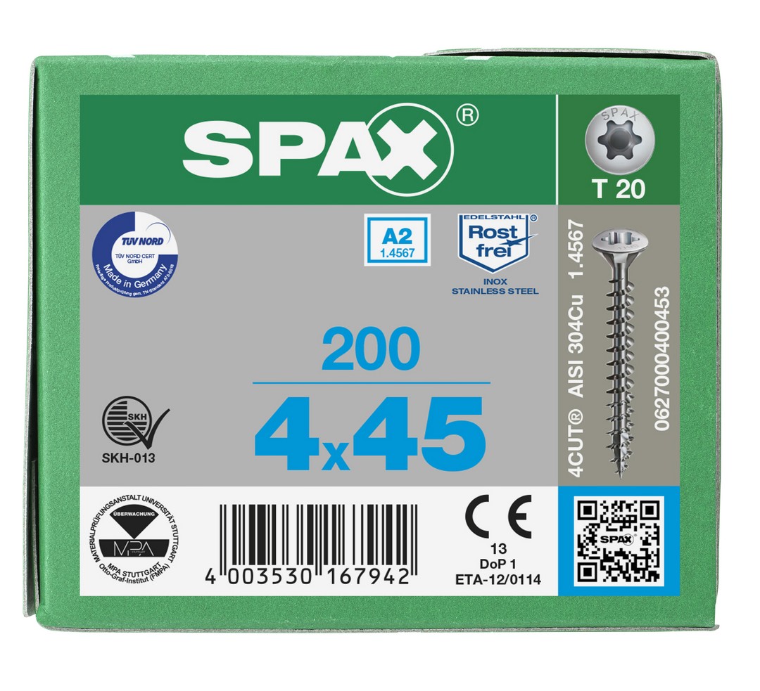 SPAX Tornillo de acero inoxidable, 4 x 45 mm, 200 unidades, Rosca completa, Cabeza gota de sebo, T-STAR plus T20, 4CUT, Acero inoxidable A2