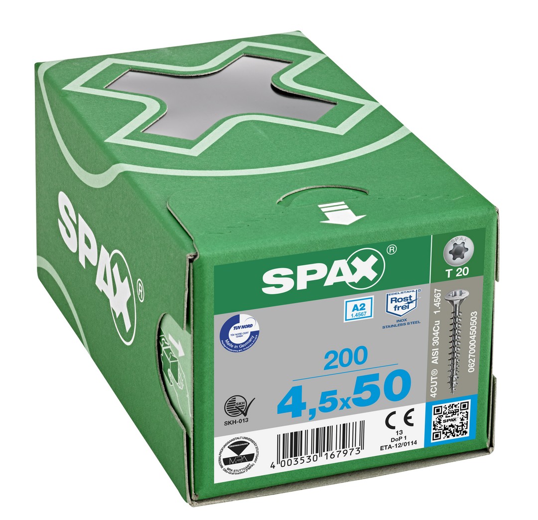 SPAX Tornillo de acero inoxidable, 4,5 x 50 mm, 200 unidades, Rosca completa, Cabeza gota de sebo, T-STAR plus T20, 4CUT, Acero inoxidable A2