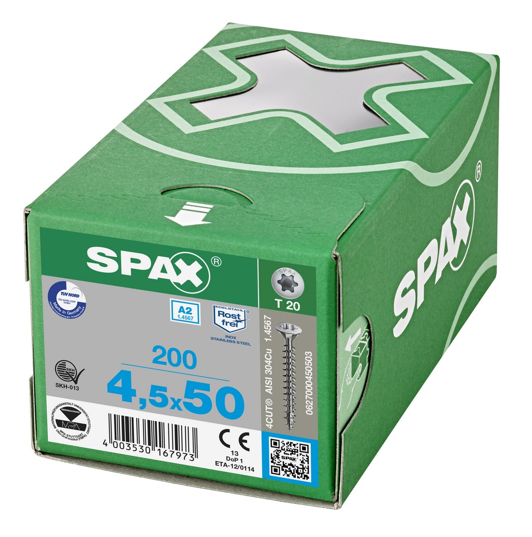 SPAX Tornillo de acero inoxidable, 4,5 x 50 mm, 200 unidades, Rosca completa, Cabeza gota de sebo, T-STAR plus T20, 4CUT, Acero inoxidable A2
