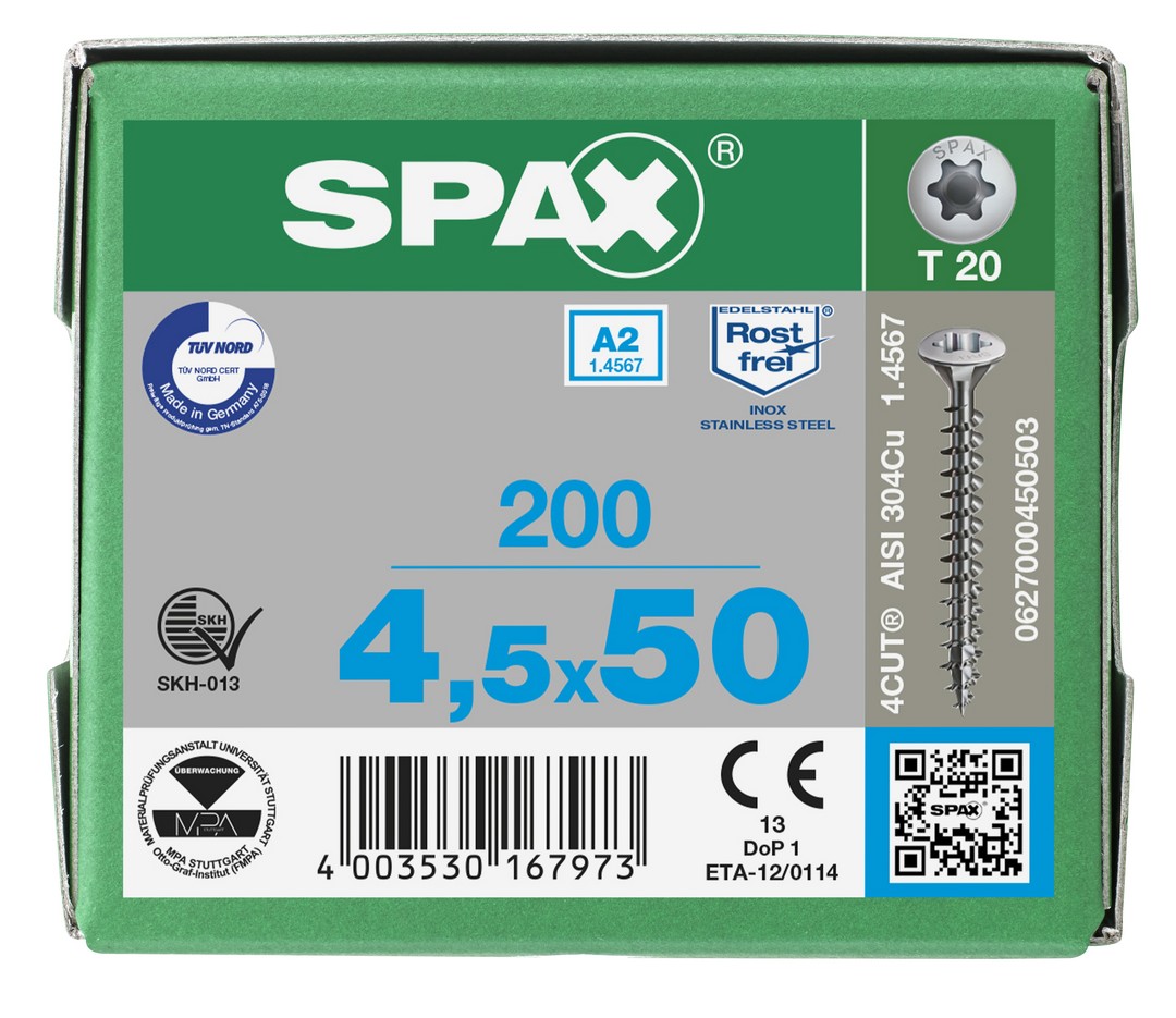 SPAX Tornillo de acero inoxidable, 4,5 x 50 mm, 200 unidades, Rosca completa, Cabeza gota de sebo, T-STAR plus T20, 4CUT, Acero inoxidable A2