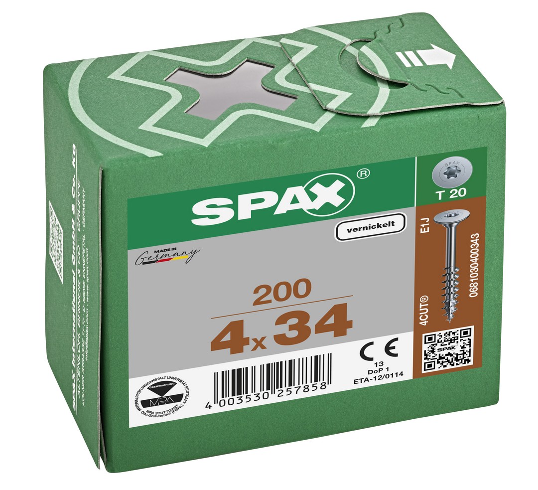SPAX Cabeza de unión plana para cuerpo, 4,0 x 34 mm, 200 unidades, rosca parcial, cabeza de unión, T-STAR plus, 4CUT, niquelada