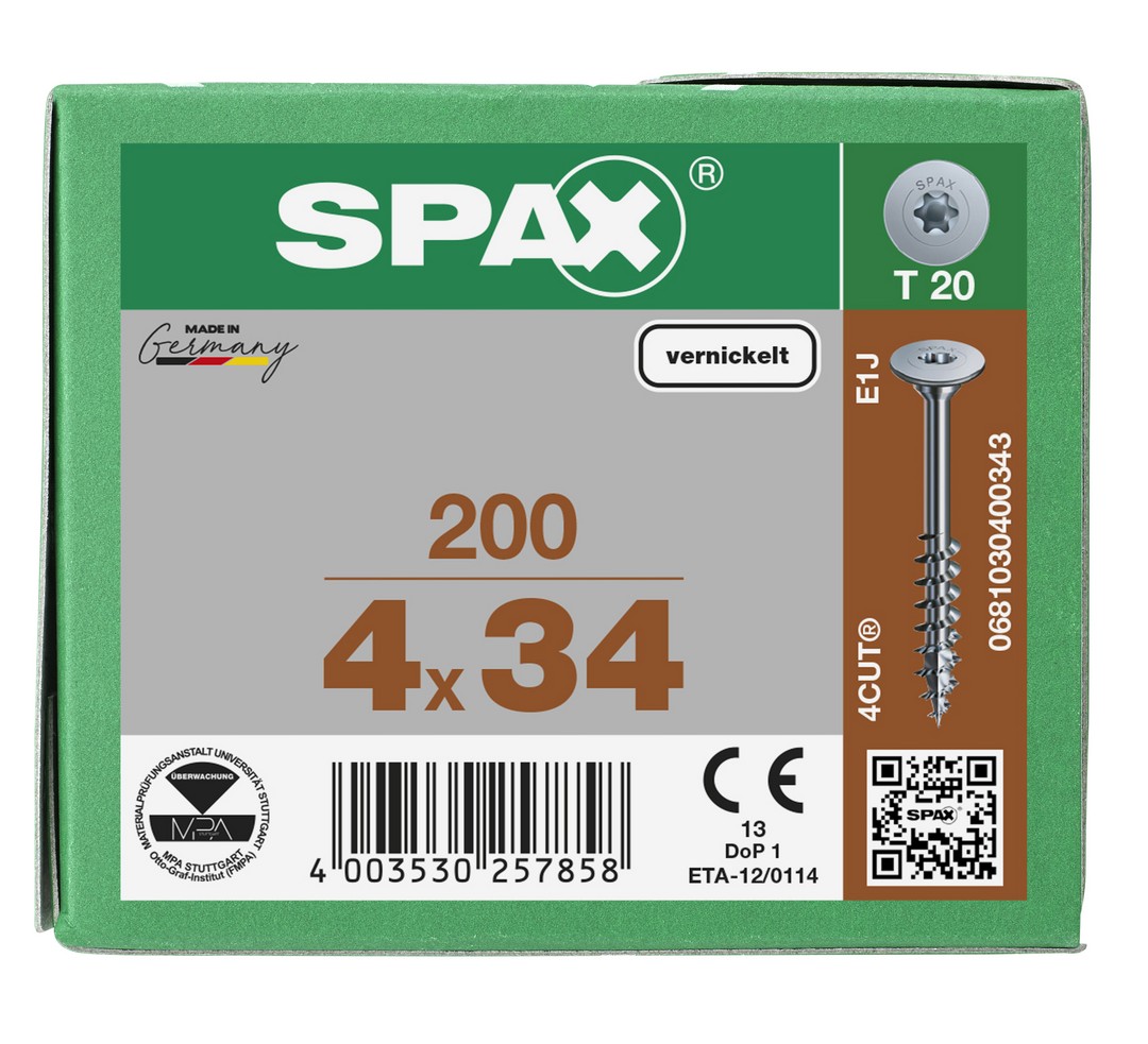 SPAX Cabeza de unión plana para cuerpo, 4,0 x 34 mm, 200 unidades, rosca parcial, cabeza de unión, T-STAR plus, 4CUT, niquelada