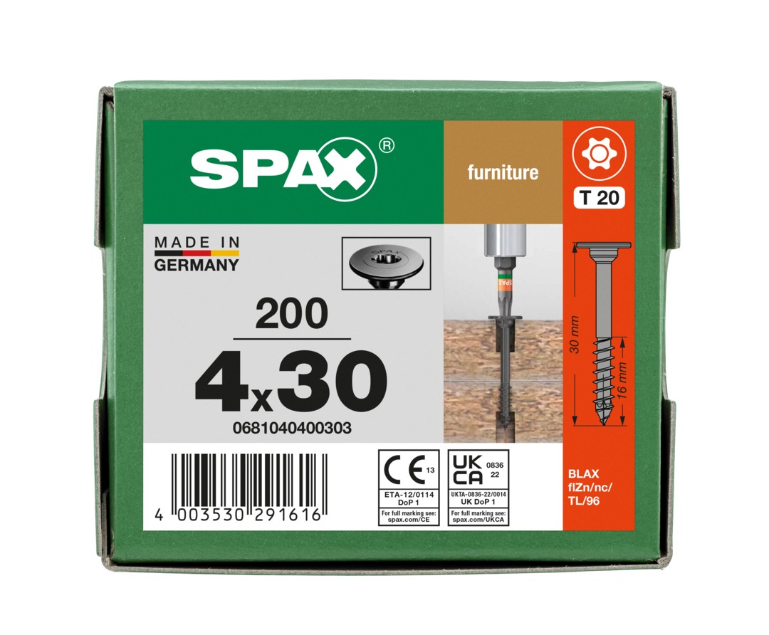 SPAX Cabeza de unión plana para el ensamblaje de cuerpos, 4 x 30 mm, 200 unidades, rosca parcial, cabeza de unión, T-STAR plus, 4CUT, BLAX