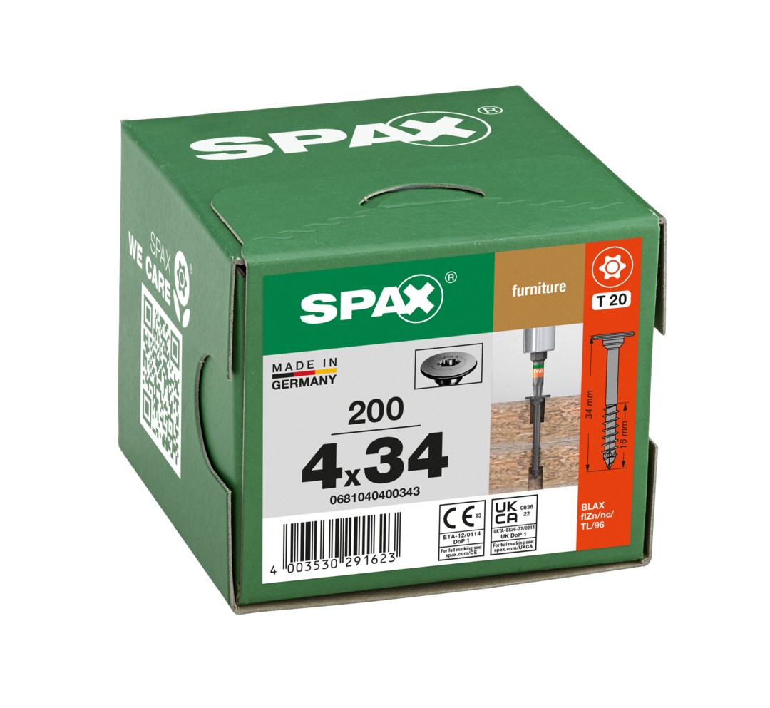 SPAX Cabeza de unión plana para el ensamblaje de cuerpos, 4,0 x 34 mm, 200 unidades, rosca parcial, cabeza de unión, T-STAR plus, 4CUT, BLAX