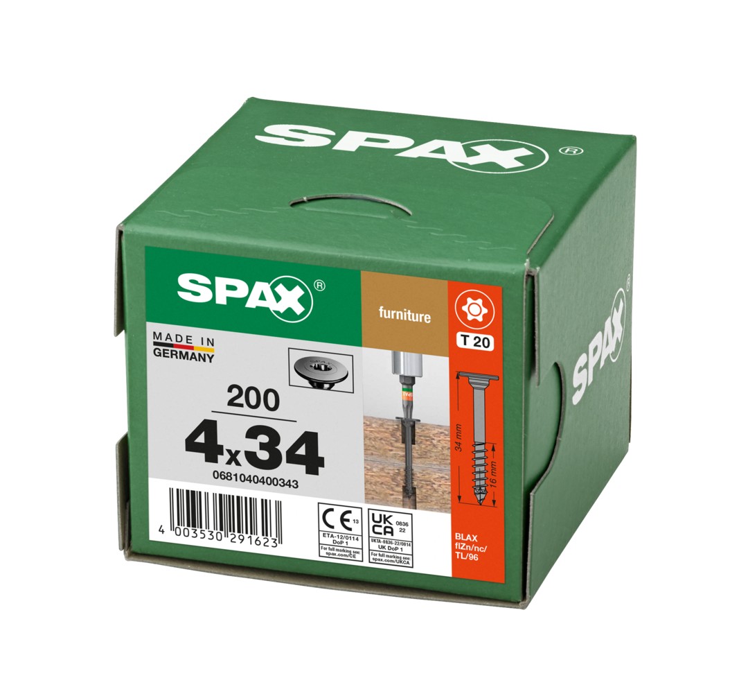 SPAX Cabeza de unión plana para el ensamblaje de cuerpos, 4,0 x 34 mm, 200 unidades, rosca parcial, cabeza de unión, T-STAR plus, 4CUT, BLAX