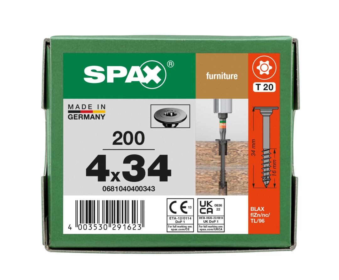 SPAX Cabeza de unión plana para el ensamblaje de cuerpos, 4,0 x 34 mm, 200 unidades, rosca parcial, cabeza de unión, T-STAR plus, 4CUT, BLAX