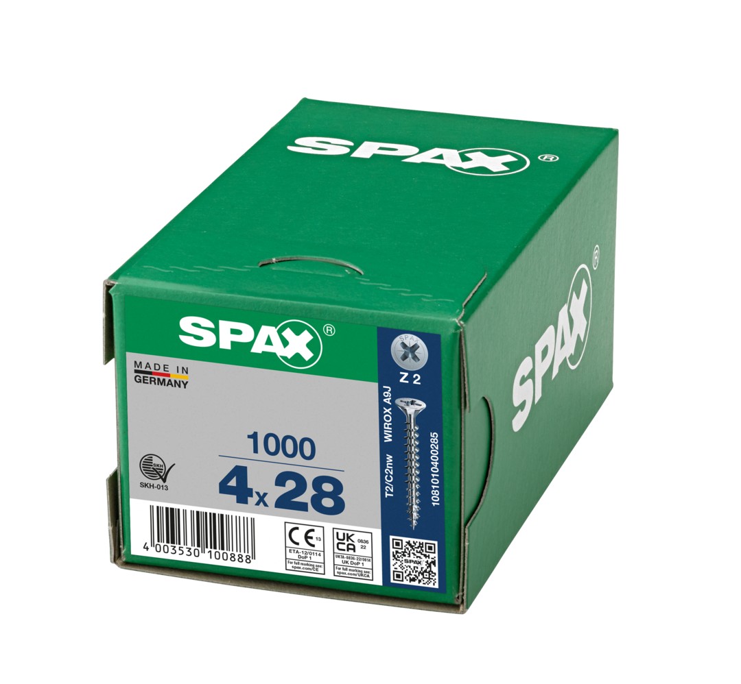 SPAX Tornillo universal, 4 x 28 mm, 1000 piezas, totalmente roscado, cabeza avellanada, ranura en cruz Z2, 4CUT, WIROX