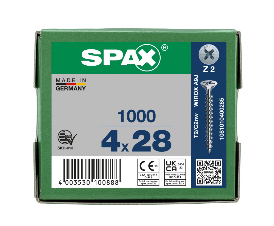 SPAX Tornillo universal, 4 x 28 mm, 1000 piezas, totalmente roscado, cabeza avellanada, ranura en cruz Z2, 4CUT, WIROX