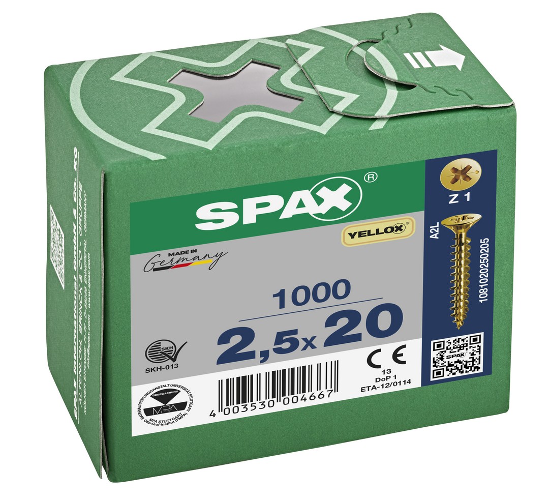 SPAX Tornillo universal, 2,5 x 20 mm, 1000 unidades, Rosca completa, Cabeza plana, Ranura en cruz Z1, Punta S, YELLOX