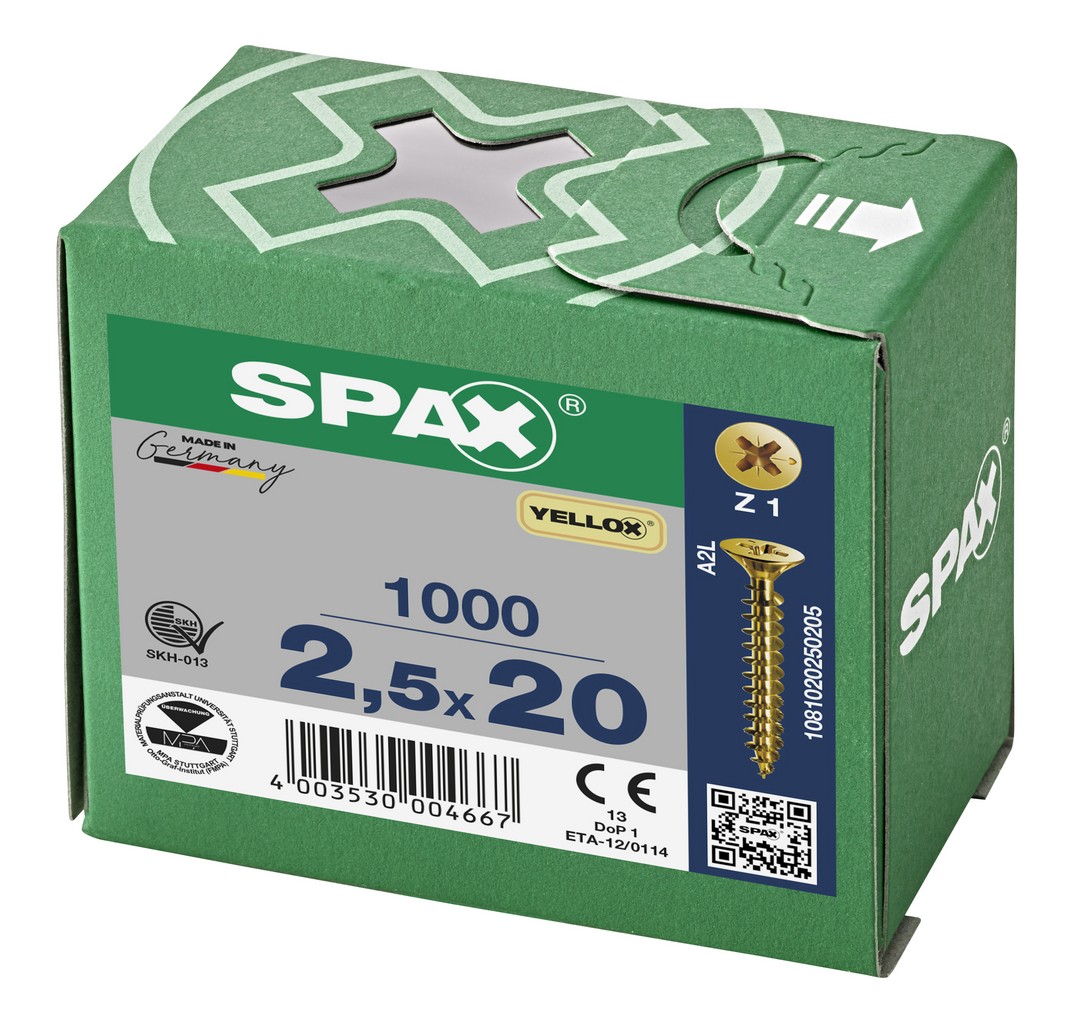 SPAX Tornillo universal, 2,5 x 20 mm, 1000 unidades, Rosca completa, Cabeza plana, Ranura en cruz Z1, Punta S, YELLOX