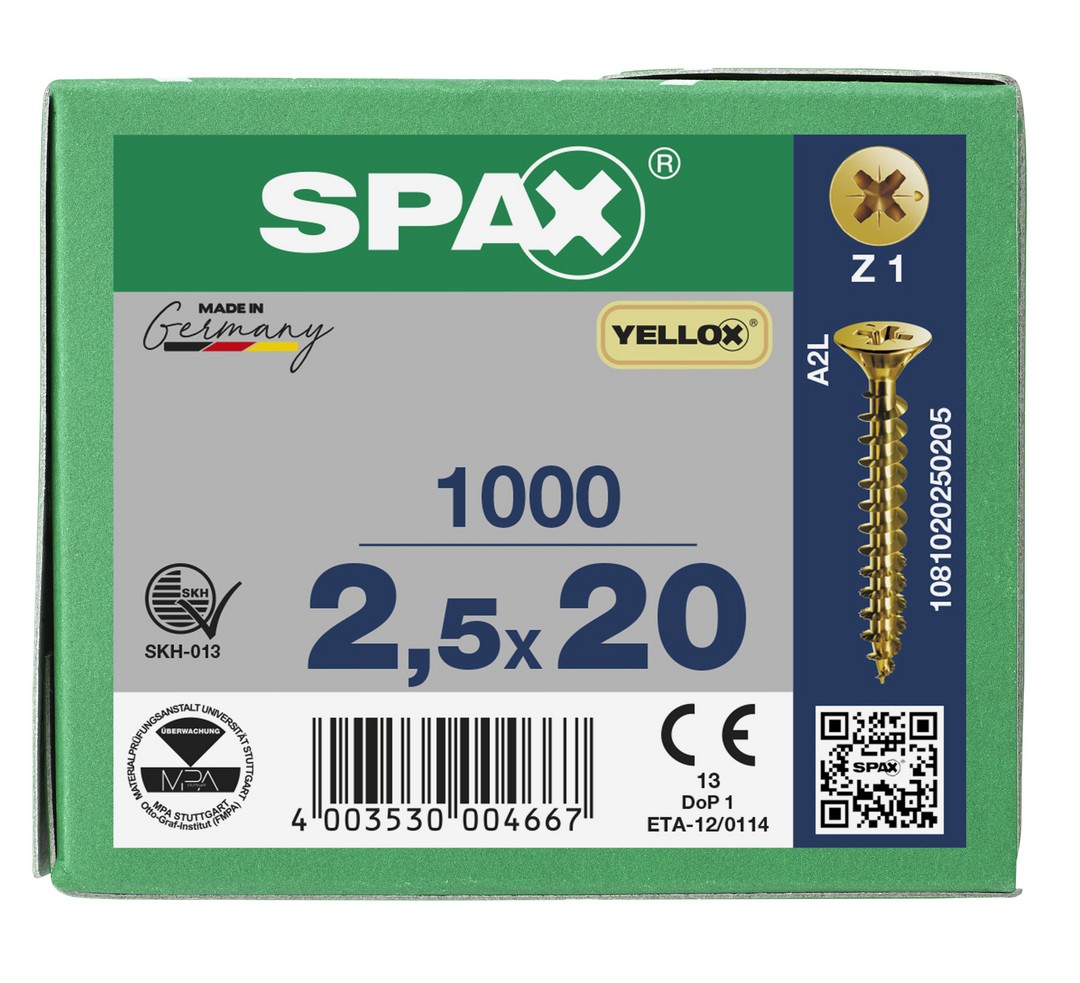 SPAX Tornillo universal, 2,5 x 20 mm, 1000 unidades, Rosca completa, Cabeza plana, Ranura en cruz Z1, Punta S, YELLOX