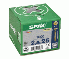 SPAX Tornillo universal, 2,5 x 25 mm, 1000 unidades, Rosca completa, Cabeza plana, Ranura en cruz Z1, Punta S, YELLOX