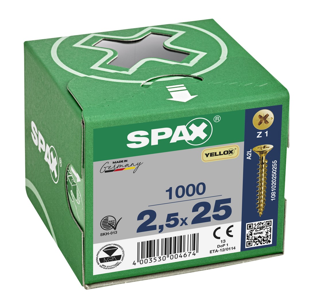 SPAX Tornillo universal, 2,5 x 25 mm, 1000 unidades, Rosca completa, Cabeza plana, Ranura en cruz Z1, Punta S, YELLOX