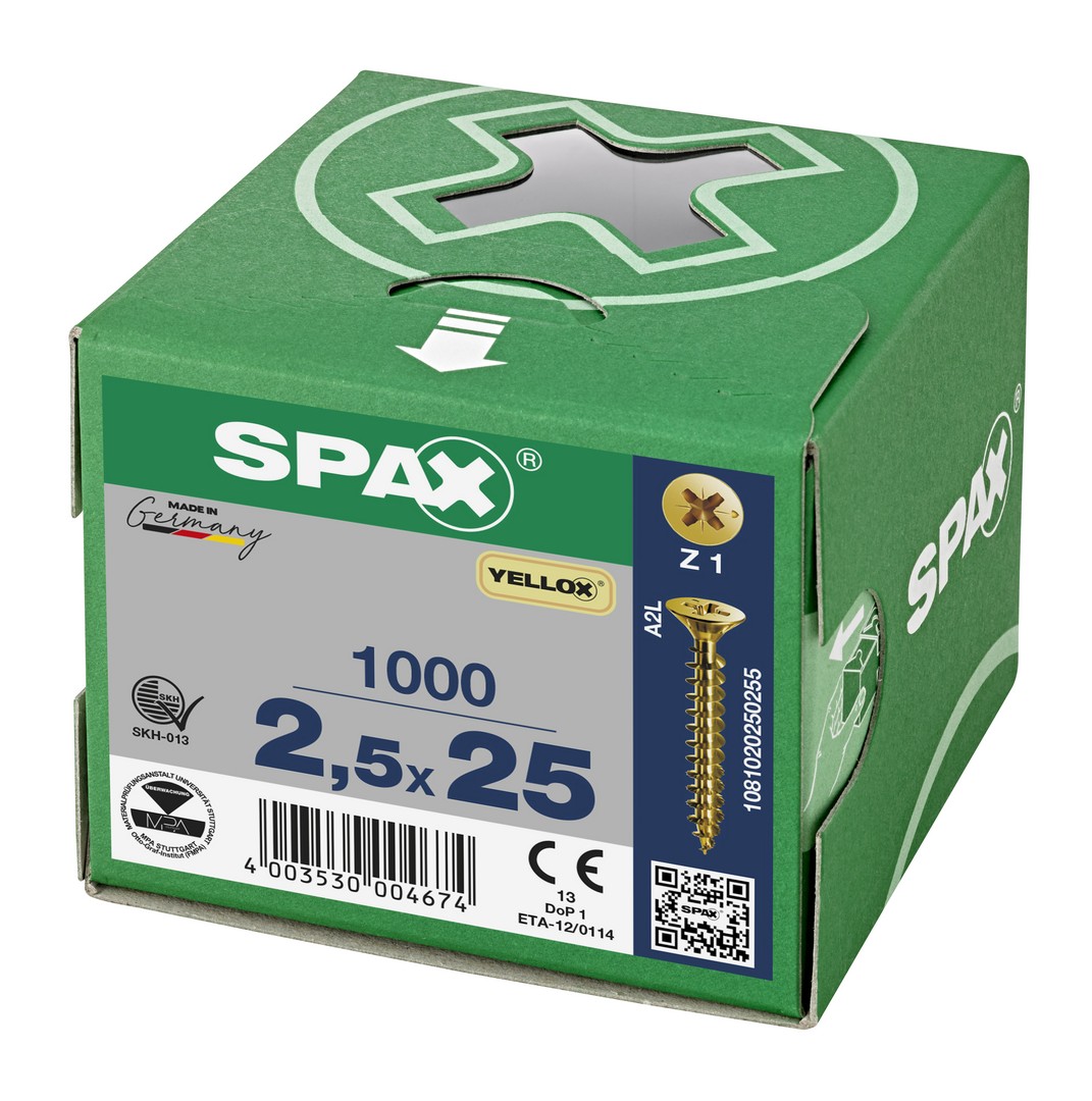 SPAX Tornillo universal, 2,5 x 25 mm, 1000 unidades, Rosca completa, Cabeza plana, Ranura en cruz Z1, Punta S, YELLOX