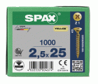 SPAX Tornillo universal, 2,5 x 25 mm, 1000 unidades, Rosca completa, Cabeza plana, Ranura en cruz Z1, Punta S, YELLOX
