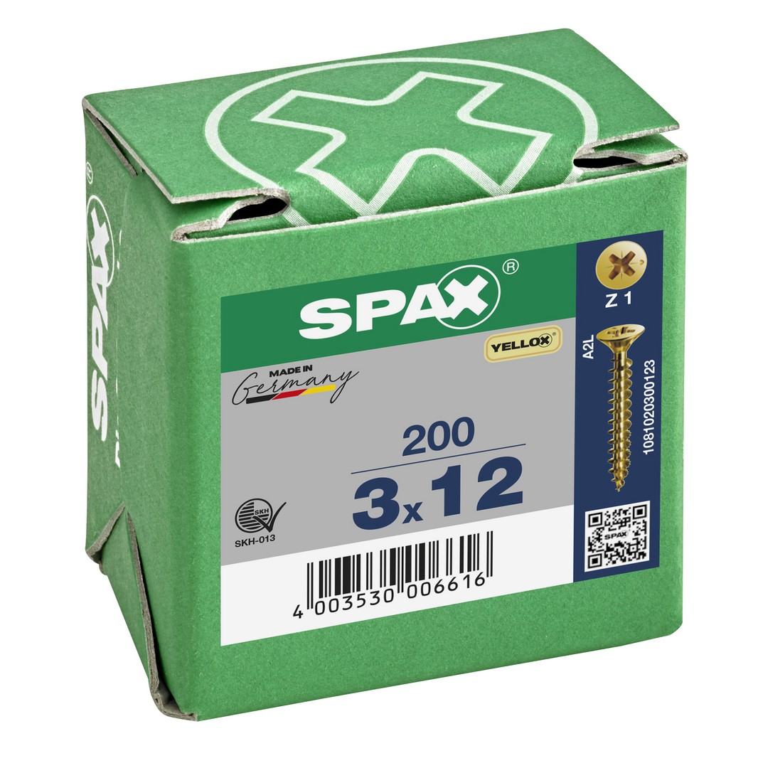 SPAX Tornillo universal, 3 x 12 mm, 200 unidades, Rosca completa, Cabeza plana, Ranura en cruz Z1, Punta S, YELLOX
