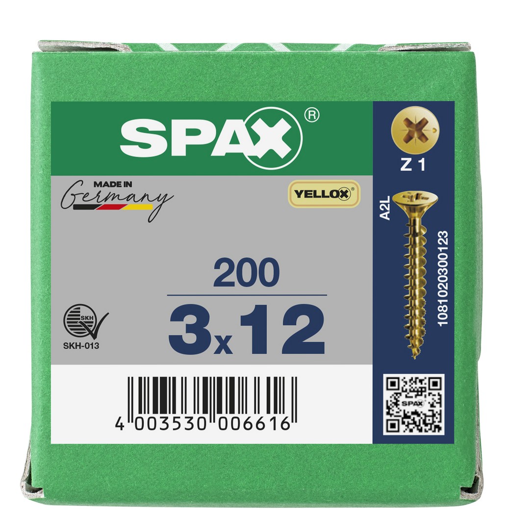 SPAX Tornillo universal, 3 x 12 mm, 200 unidades, Rosca completa, Cabeza plana, Ranura en cruz Z1, Punta S, YELLOX