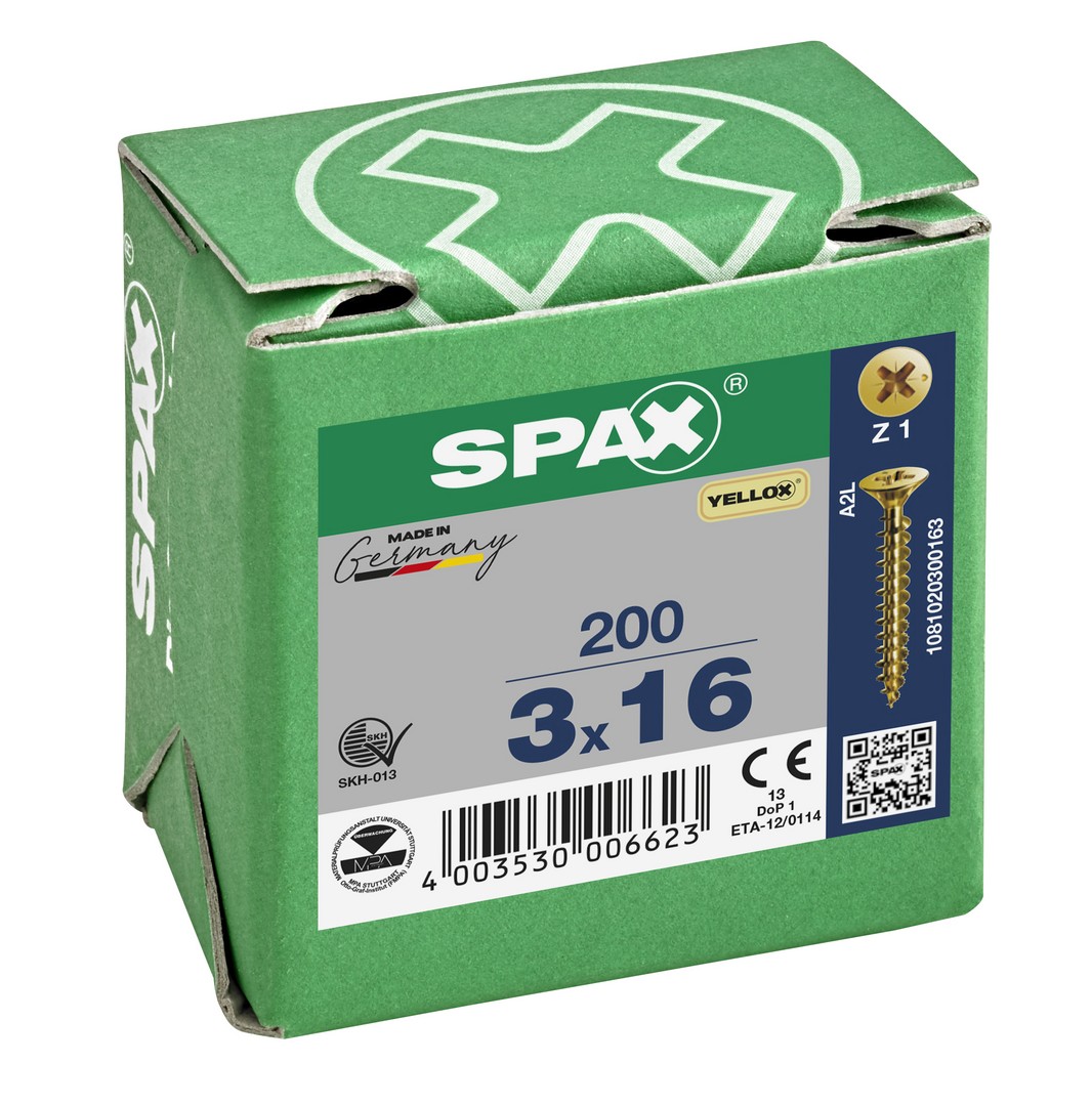 SPAX Tornillo universal, 3 x 16 mm, 200 unidades, Rosca completa, Cabeza plana, Ranura en cruz Z1, Punta S, YELLOX