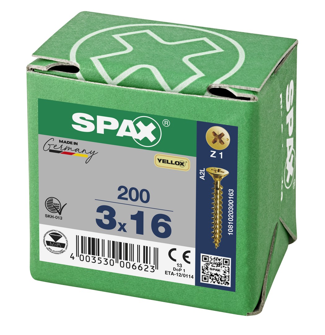 SPAX Tornillo universal, 3 x 16 mm, 200 unidades, Rosca completa, Cabeza plana, Ranura en cruz Z1, Punta S, YELLOX