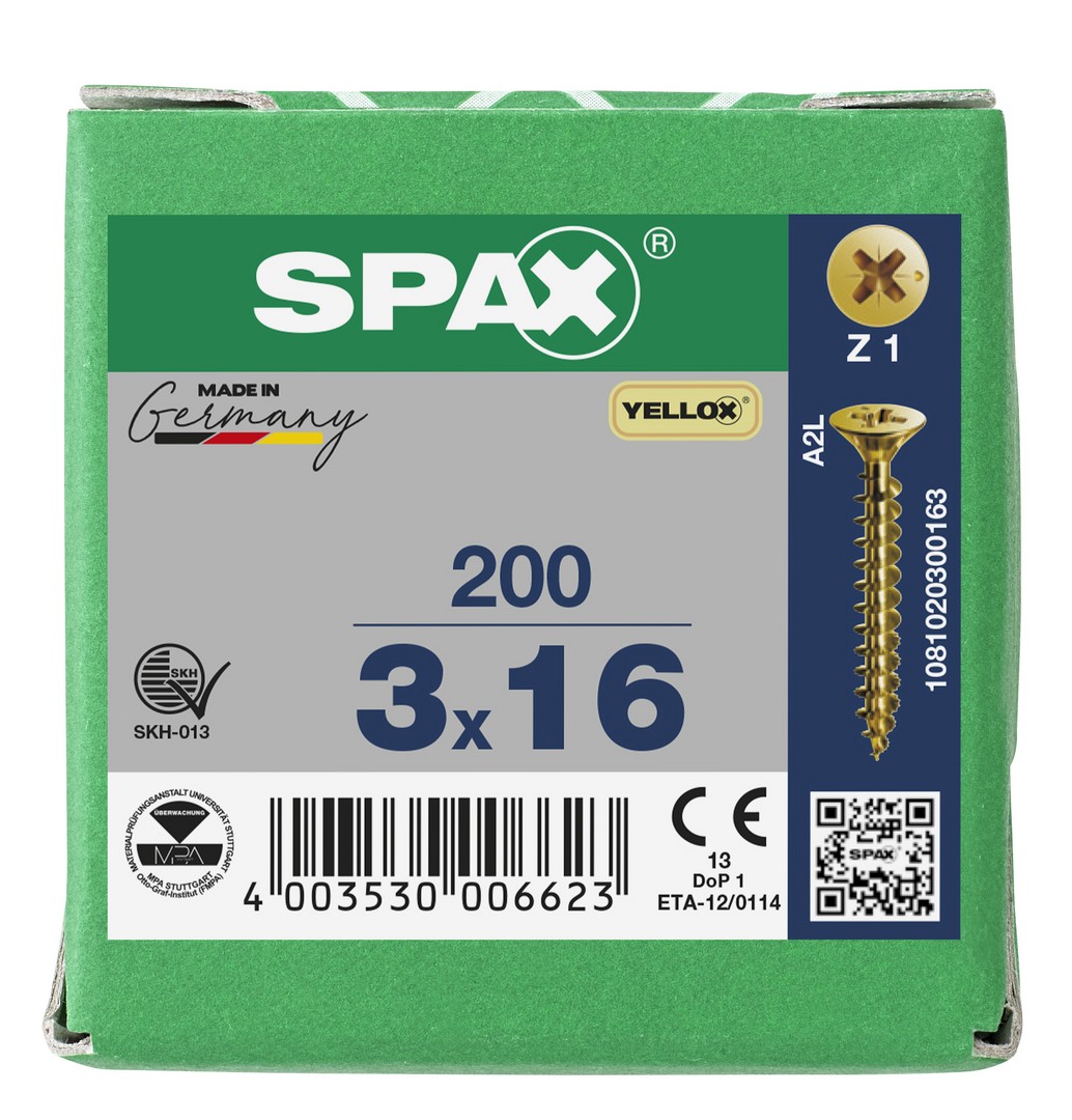 SPAX Tornillo universal, 3 x 16 mm, 200 unidades, Rosca completa, Cabeza plana, Ranura en cruz Z1, Punta S, YELLOX