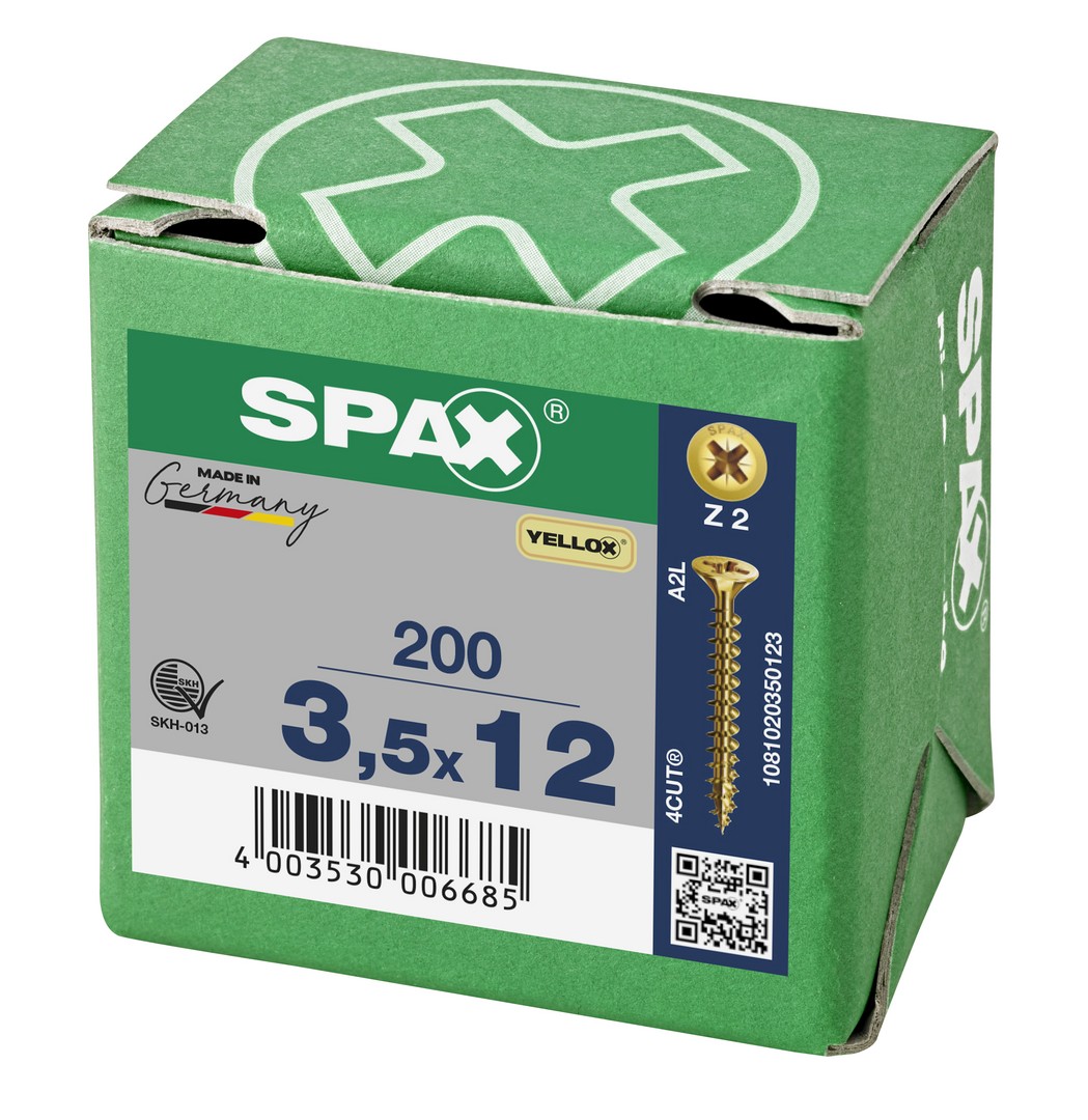 SPAX Tornillo universal, 3,5 x 12 mm, 200 unidades, Rosca completa, Cabeza plana, Ranura en cruz Z2, 4CUT, YELLOX