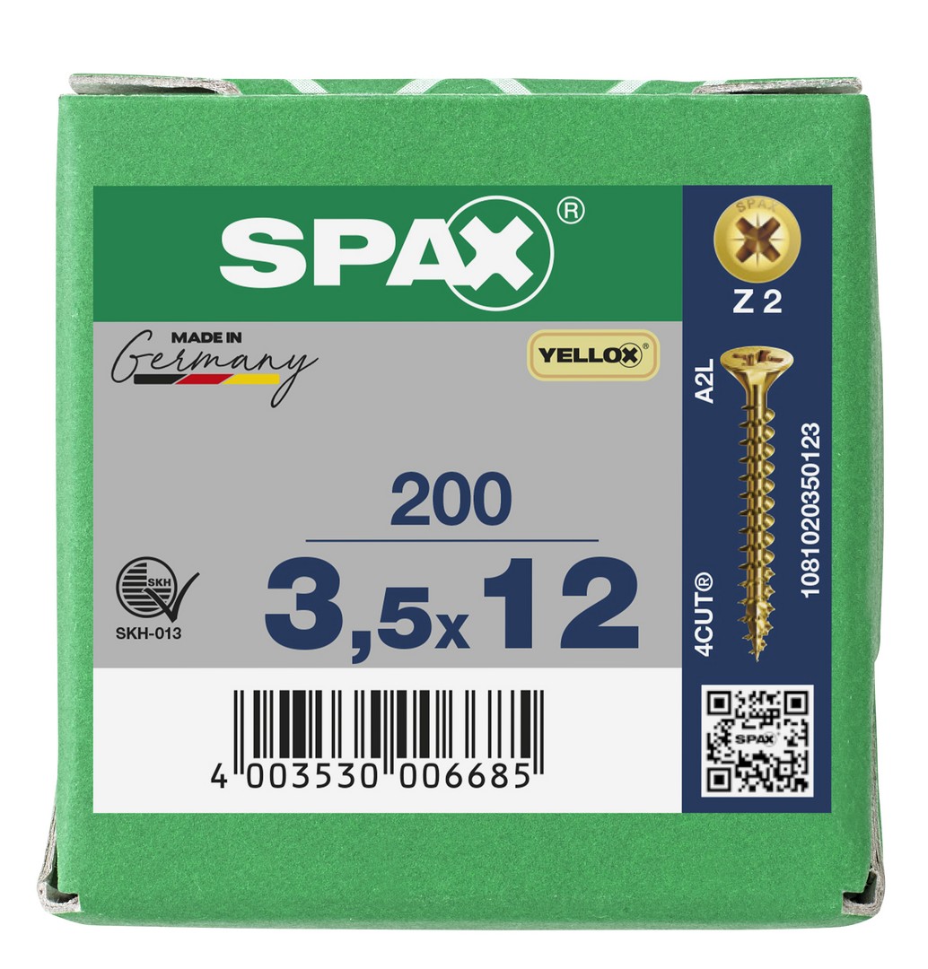 SPAX Tornillo universal, 3,5 x 12 mm, 200 unidades, Rosca completa, Cabeza plana, Ranura en cruz Z2, 4CUT, YELLOX