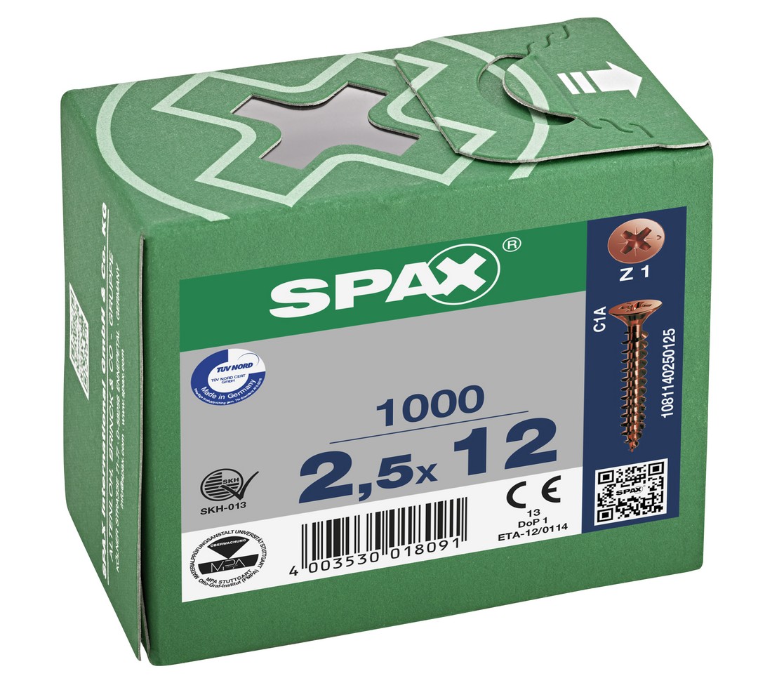 SPAX Tornillo universal, 2,5 x 12 mm, 1000 unidades, Rosca completa, Cabeza plana, Ranura en cruz Z1, Punta S, bronce