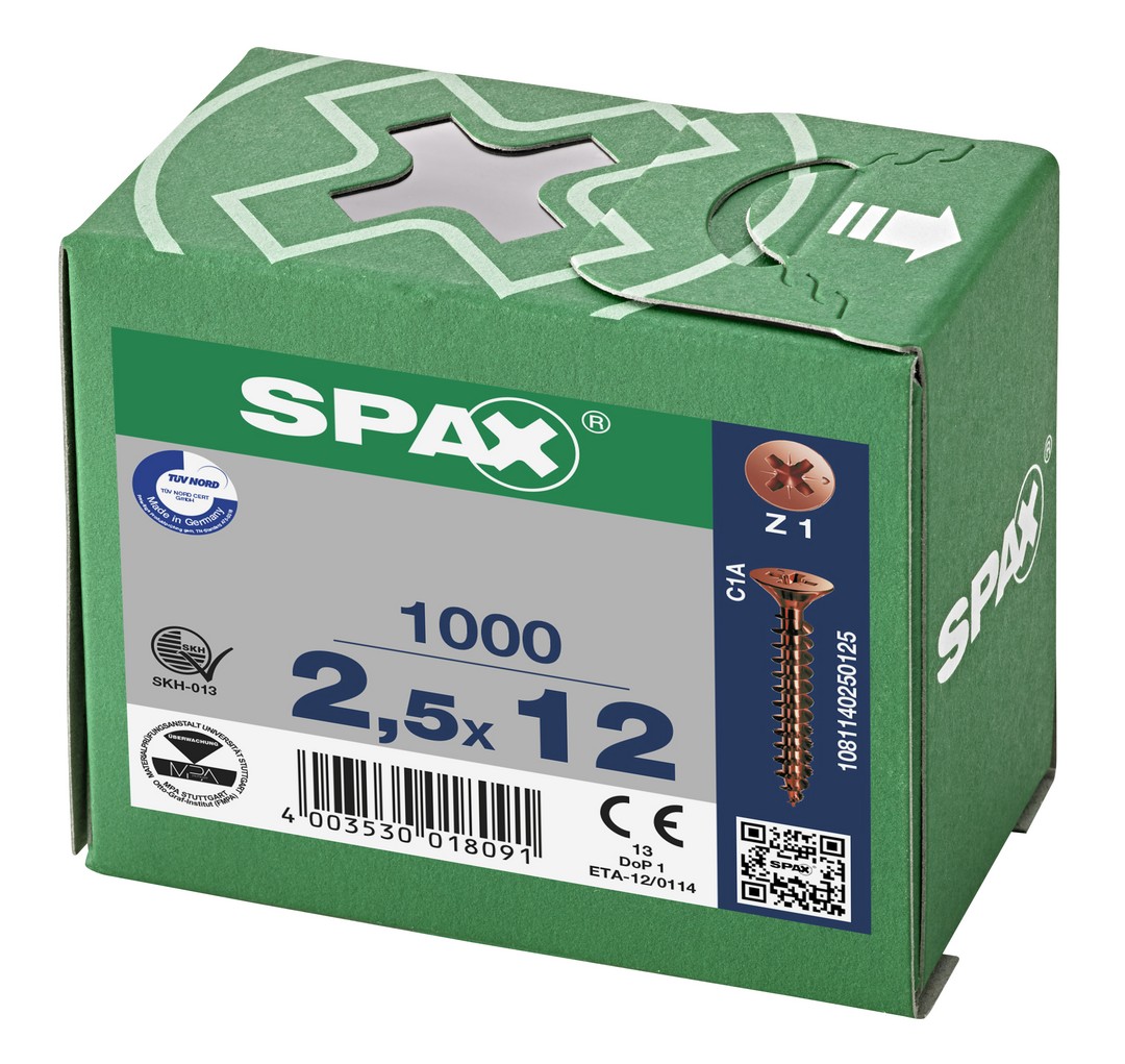 SPAX Tornillo universal, 2,5 x 12 mm, 1000 unidades, Rosca completa, Cabeza plana, Ranura en cruz Z1, Punta S, bronce