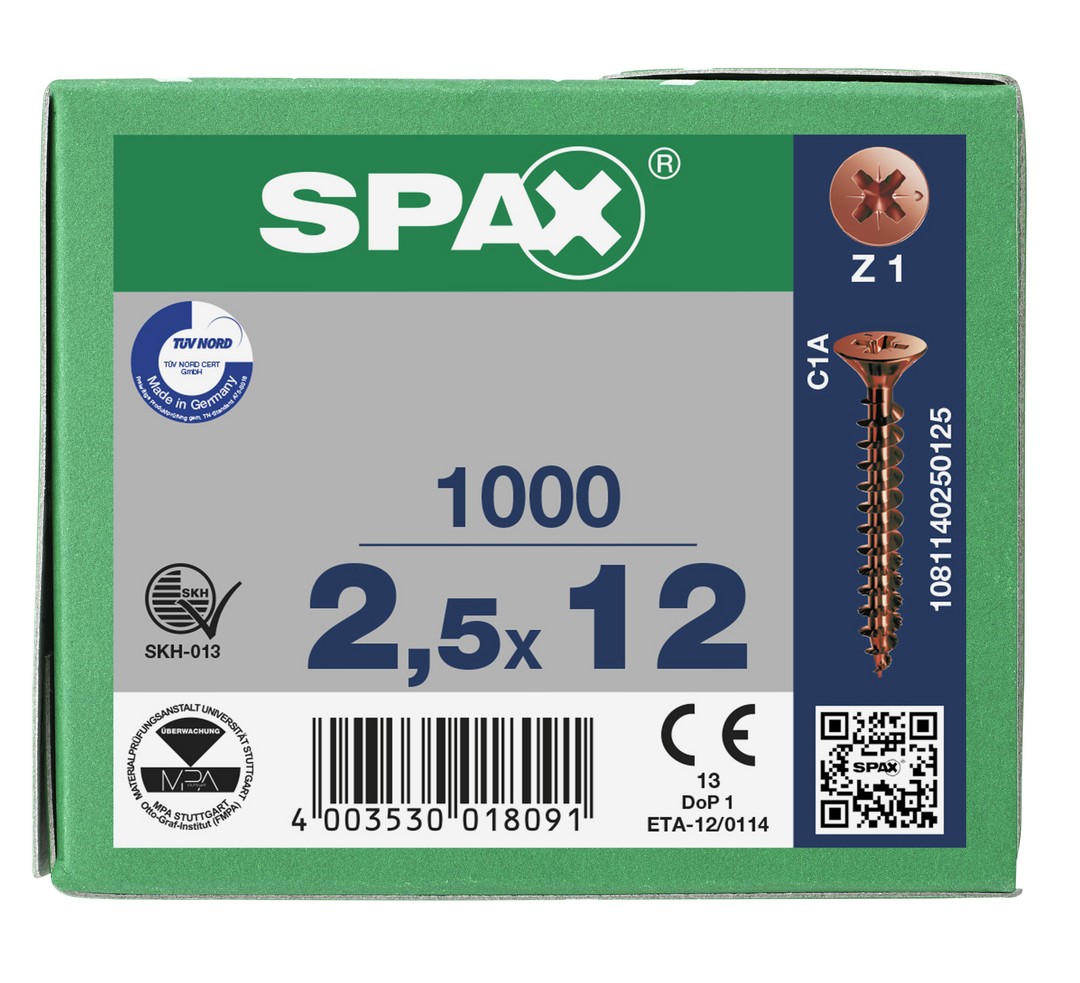 SPAX Tornillo universal, 2,5 x 12 mm, 1000 unidades, Rosca completa, Cabeza plana, Ranura en cruz Z1, Punta S, bronce
