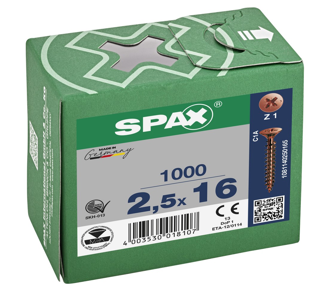 SPAX Tornillo universal, 2,5 x 16 mm, 1000 unidades, Rosca completa, Cabeza plana, Ranura en cruz Z1, Punta S, bronce