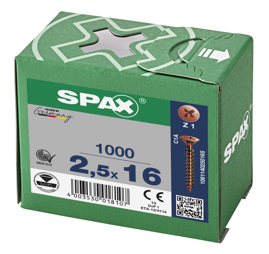 SPAX Tornillo universal, 2,5 x 16 mm, 1000 unidades, Rosca completa, Cabeza plana, Ranura en cruz Z1, Punta S, bronce