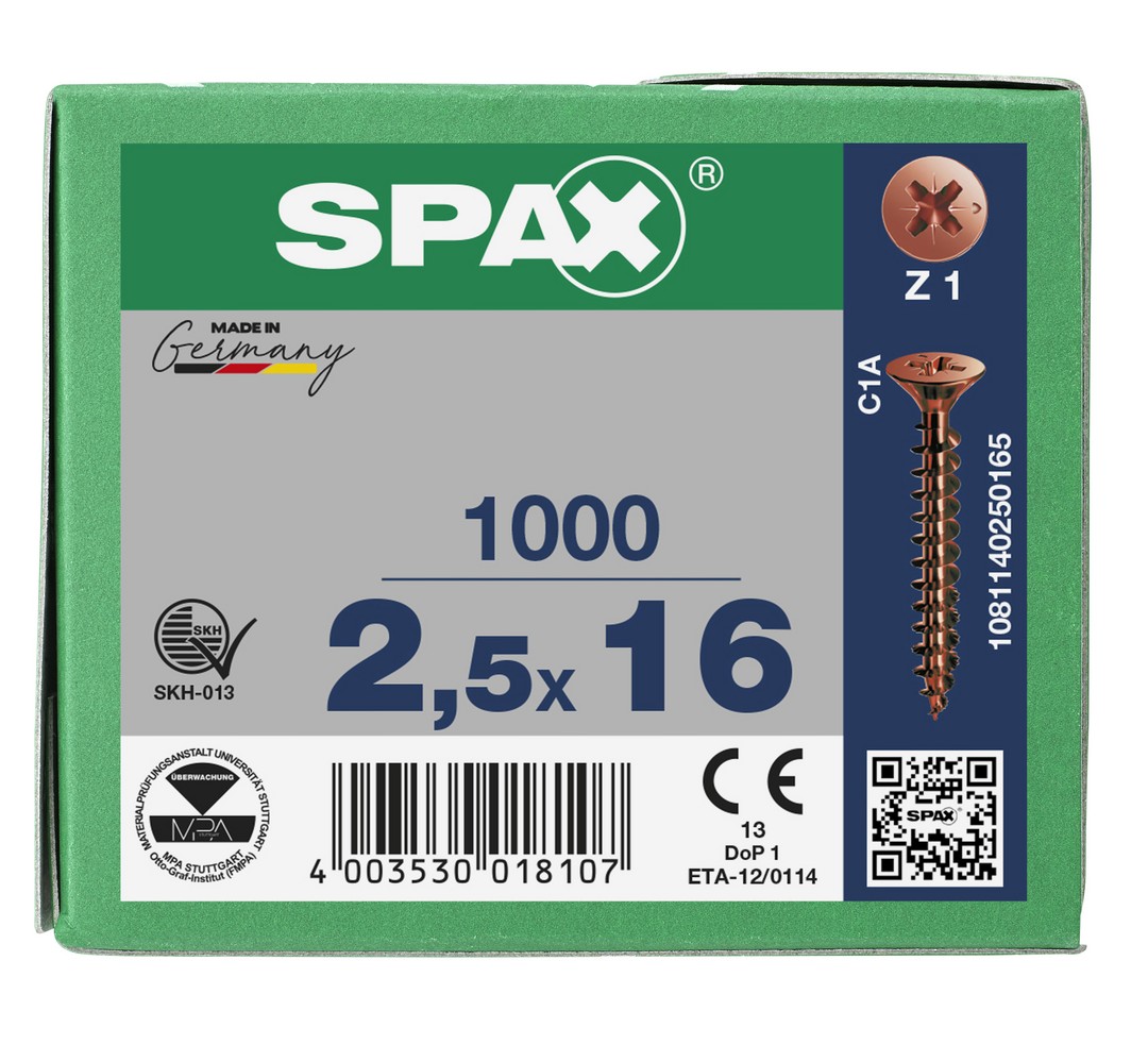 SPAX Tornillo universal, 2,5 x 16 mm, 1000 unidades, Rosca completa, Cabeza plana, Ranura en cruz Z1, Punta S, bronce