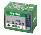 SPAX Tornillo universal, 2,5 x 20 mm, 1000 unidades, Rosca completa, Cabeza plana, Ranura en cruz Z1, Punta S, bronce